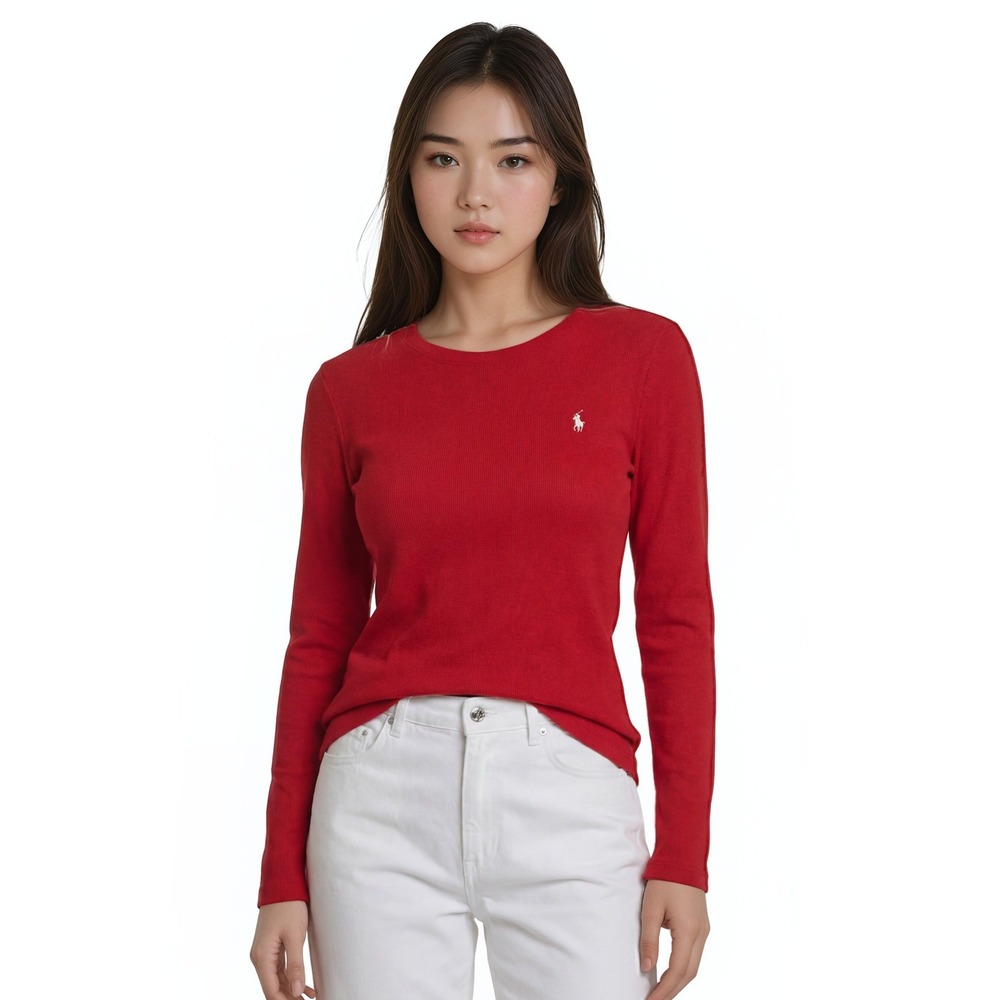 Ralph Lauren Sport Shirt Women's Size Large Red Ribbed‎ Cotton Long Sleeve